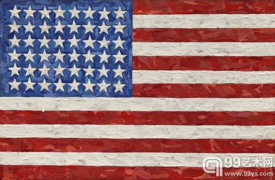 Jasper Johns: Flag, 1983, encaustic on silk flag on canvas, 11 5/8 by 17 1/2 inches; courtesy of Sotheby`s.