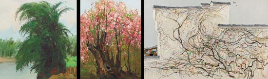（左至右）吴冠中（1919–2010）《江边竹林》（1978）、《红梅》（1973）及《墙上秋色》（1994）