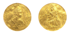 这枚获PCGS评级为AU53+的1751年杜卡德币,将会在2013年4月27日在莫斯科Rare Coins Auction House的拍卖会上拍卖。