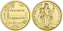 这枚1979年法属波利尼西亚1法郎piefort金色样币，获PCGS评为SP69,為法国波塞Monnaies D'Antan于5月15至16日举行的拍卖会上重点之一。