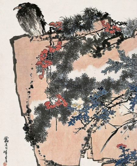 潘天寿的《鹰石山花图》