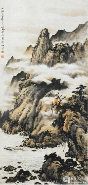 陈凝丹《西陵峡之秋》，纸本设色，115x55厘米，1954年，广东美术馆藏