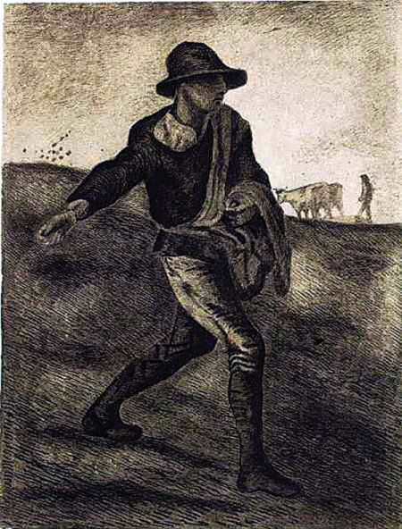 梵高在 1881 年模仿米勒的《播种者》所作，这幅画的名字同样叫《播种者》。