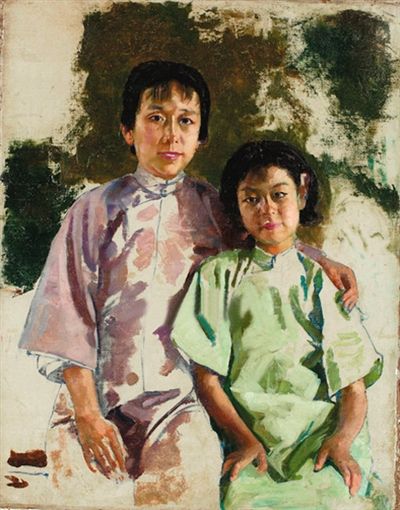 本次展品之一——徐悲鸿《孙佩苍夫人和女儿画像》。