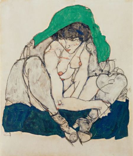 席勒作品《裹着绿毯子蹲坐着的女子》（1914）