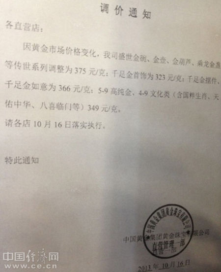 图表2 中国黄金AU99999贺岁产品没有产品价签，只有调价通知单