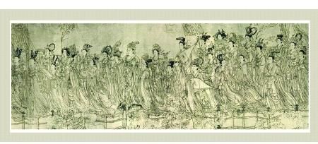《八十七神仙卷》局部 《八十七神仙卷》是唐代“画圣”吴道子的冠世巨作，描绘了八十七位列队行进的神仙，画中人物神态各异，衣带飘举、满壁风动，极具艺术感染力，被历代艺术家奉为圭臬，代表了中国古代白描绘画的最高水平。