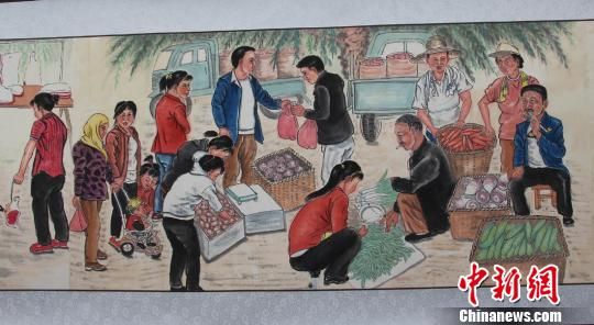 3月30日至4月6日，甘肃平凉市草根画家李世荣精心绘画的《芮鞫农贸图卷》及个人100多幅风俗画展在平凉亮相。　郭惠民　摄