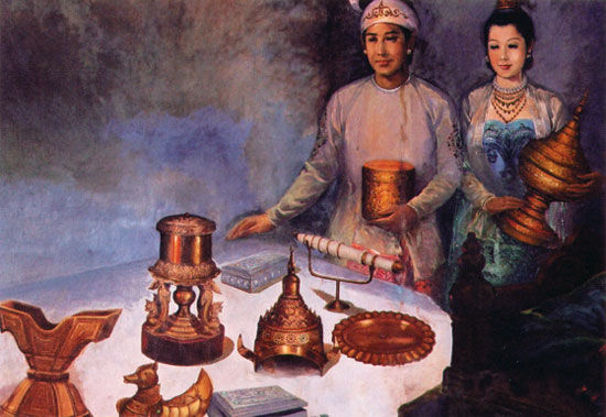 石博物馆馆藏壁画:准备礼品的缅甸古代国王和