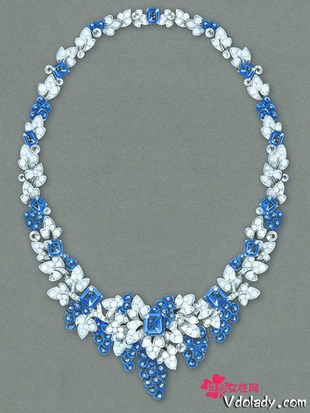格拉夫将会在双年展上呈献一条夺目项链，把色泽浓艳的蓝宝石化成果实，配以密镶钻石的枝叶