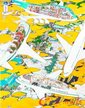 《成田国际机场》 2005年，山口晃以一种独特的视角描绘了成田机场，机场上方缭绕一片金色的云层。这座弥漫在有毒气体当中的城市正在慢慢地腐烂。
