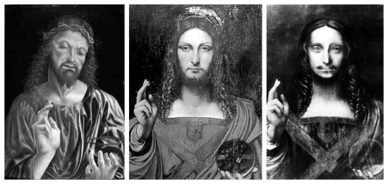 七年时间画成的《救世主》原画（左图），复原前的《救世主》（中图），复原后的作品（右图）。这幅画作在不同年代被涂上不同油彩，头发、眉毛都是后来加上去的。