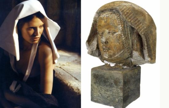 模特比安卡·巴尔缇(BrancaBalti)身着香奈儿2010年春夏高级成衣的头巾造型，和一件15、16世纪之交的石灰石雕塑头像《伯纳丁》摆放在一起