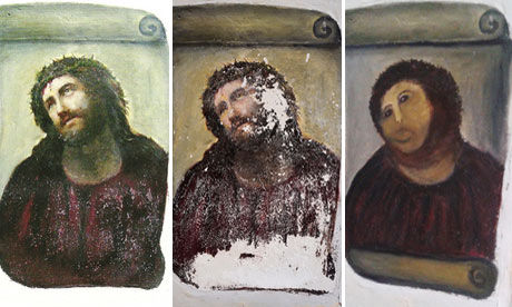 图片的最左边是壁画两年前的样子，中间是它今年7月份时的样子，右边的则是8月6日，被八旬老人修复后的样子