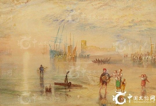 图为由英国最著名艺术家之一约瑟夫·马洛德·威廉·透纳(JosephMallordWilliamTurner)于1835年利用平滑擦除和涂抹笔迹等手法绘制的水彩名画《佛林特城堡》(FlintCastle)，尺寸为10.875x15.8英寸（约为27.6x40.2厘米