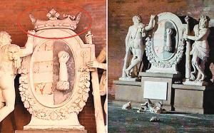 左右两图：大理石雕像受损前后对比