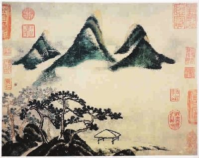 《春山瑞松图》，传为宋代米芾所作，纵25.7厘米，横44.1厘米，纸本，设色，现藏台北故宫博物院。