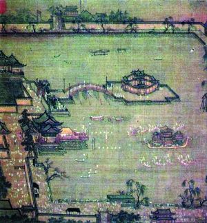 　　张葱玉从时代风格解读，认为天津艺术博物馆藏 南宋《金明池争标图》这件作品应为南宋时画院画家临仿张择端原作而来。