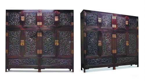 清乾隆紫檀高浮雕九龙西番莲纹顶箱式大四件柜