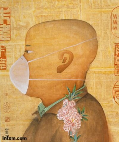 朱伟十年前的作品《报春图》，白绳箍向光头男人脑后，脸上向前撅着白色口罩。2003年春，整个北京城都像画中人一样戴着“猪鼻子口罩”。画还是那幅，放在今天却又让人读出新意思来。（朱伟/图）