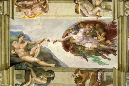 [意]米开朗琪罗（1475―1564），《上帝创造亚当》，作于l511年，拱顶装饰画，570×280cm，西斯廷礼拜堂壁画（梵蒂冈）