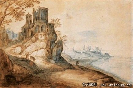老杨·布吕赫尔的风景作品《崎岖海岸线与左边山上蒂沃利女巫寺庙》，是一个以现实观察为基础加入想象成分的典型案例。这两幅作品5月10日前展于上海龙美术馆(西岸馆)。(本版图片均由苏富比拍卖行提供)