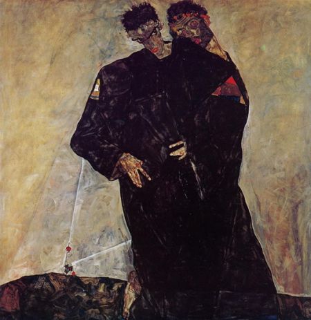 大型作品“隱士”中，席勒和克里姆特成了殉道的聖人，緊貼著彷彿在跳死之舞。