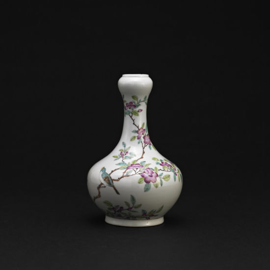 清光绪-粉彩花鸟纹蒜头瓶-H22.5cm