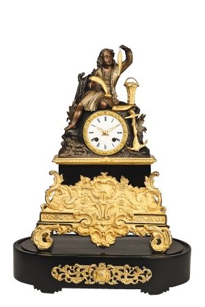 法国青铜鎏金渔女塑像壁炉钟。