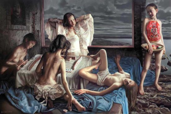 刘溢油画《北京2008》，或叫《搓麻将的女人》