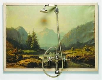 淋浴1961·布面油画、管件、软管、固定在木头上的淋浴喷头。丹尼尔·史波耶里