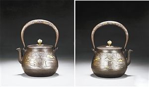 龙文堂安之介错金银浮世绘铁壶，2012年，嘉德四季第30期拍卖会上，以28.75万人民币成交。