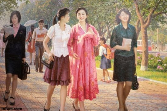 朝鲜一级艺术家李成旭作品《上班的路上》。在美国记者芭芭拉·德米克眼中，朝鲜是灰色或白色的。但在朝鲜艺术家的画作中，朝鲜是彩色的。 (李成旭/图)