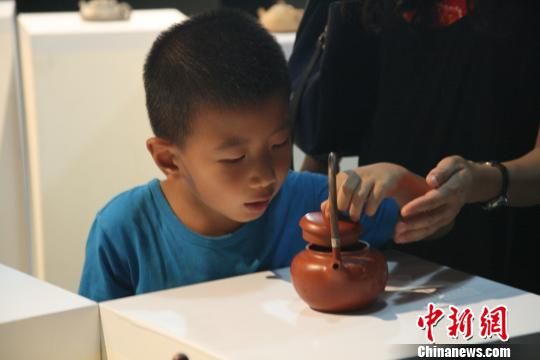 “福运永传·2015百艺百壶大师珍品展”6月28日在北京荣会艺术中心揭幕。图为小观众在观赏展出的紫砂壶。