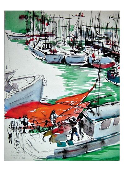 吴良镛绘画作品《温哥华渔港》。