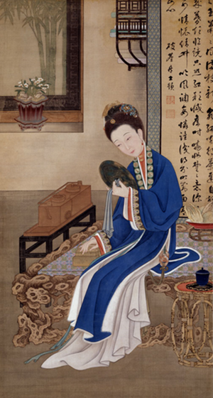 清雍正年间宫廷绘制的仕女画像之《照镜》