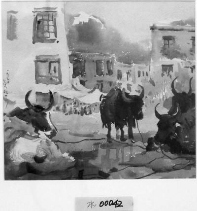 《拉萨菜市》 吴冠中 水彩 1960年 中国美术馆藏。