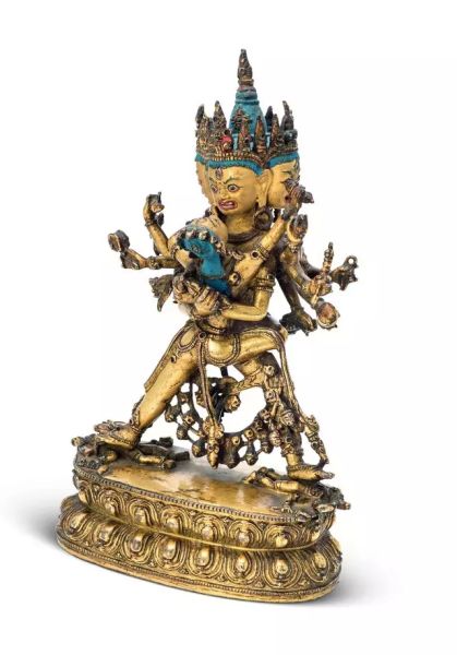 lot3129 胜乐金刚 西藏 十五世纪 红铜鎏金局部彩绘 高22厘米 RMB: 400,000-500,000