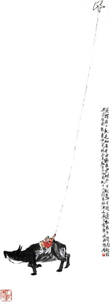齐白石  红衣牛背雨丝丝 151.5×56.5厘米  作于1952年